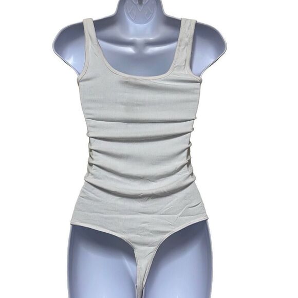 Revolve nPhilanthropy White Ribbed Prince Tank Thong Bodysuit Ruched Side XS NWT - Picture 2 of 11